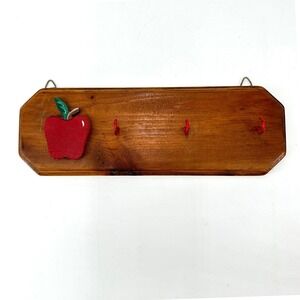 Vintage Handmade Wooden Wall Key Rack with 3D Red Apple 3 Hooks Country Kitchen